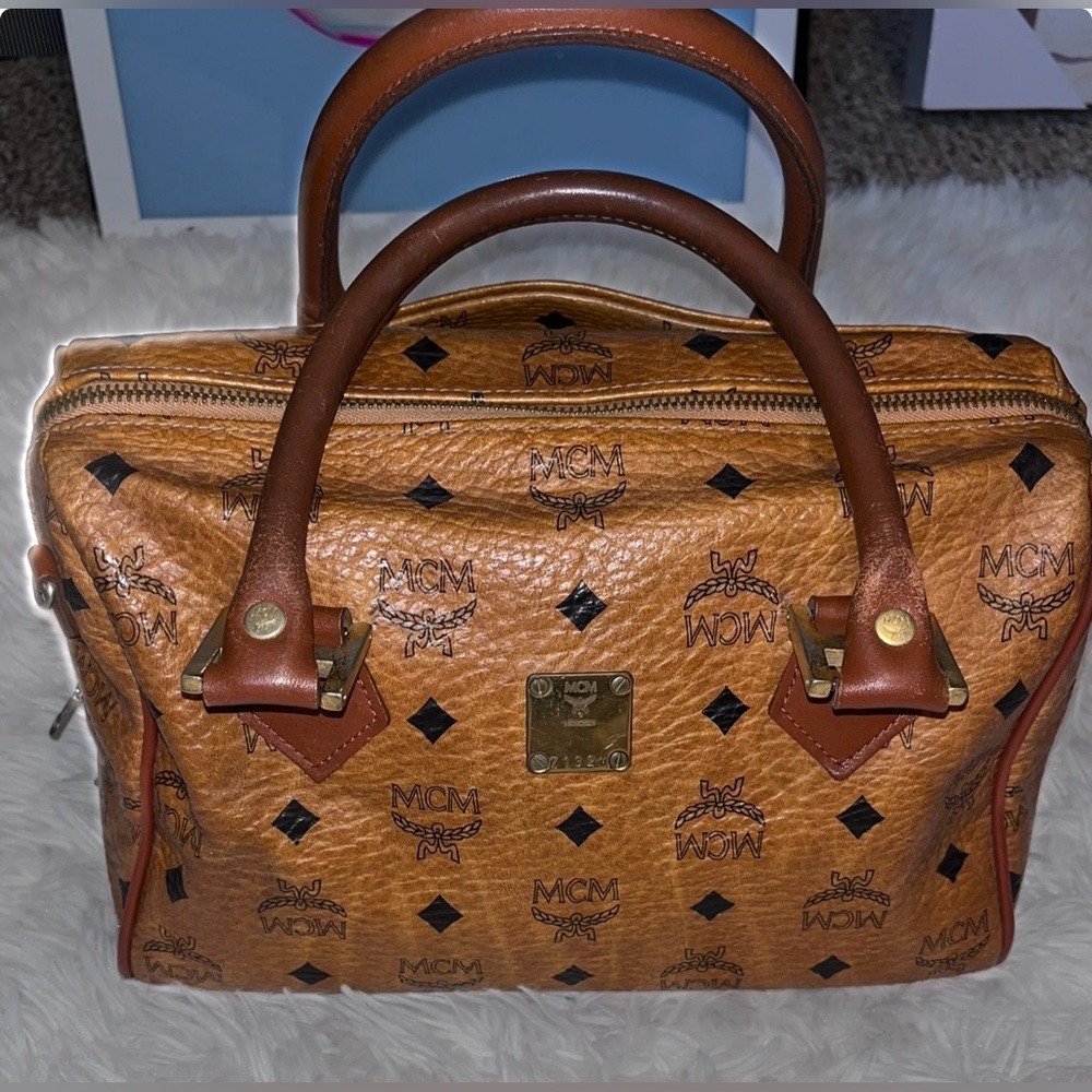 MCM Cognac Brown Visetos Logo Satchel